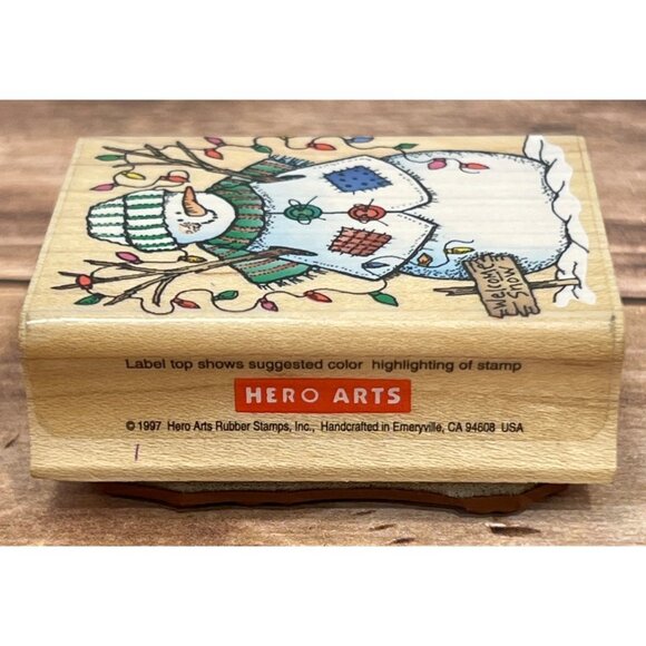 RARE HERO ARTS E1254 SNOWMAN WITH LIGHTS WOOD MOUNTED RUBBER STAMP WELCOME SNOW - Picture 4 of 5
